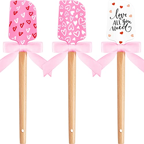 3 Pcs Valentine&#x27;s Day Silicone Spatulas with Wooden Handles Valentine Pattern Heat Resistant Baking Spatulas Silicone Spatulas with Pink Satin Ribbon Bows for Baking, Cooking and Sauteing