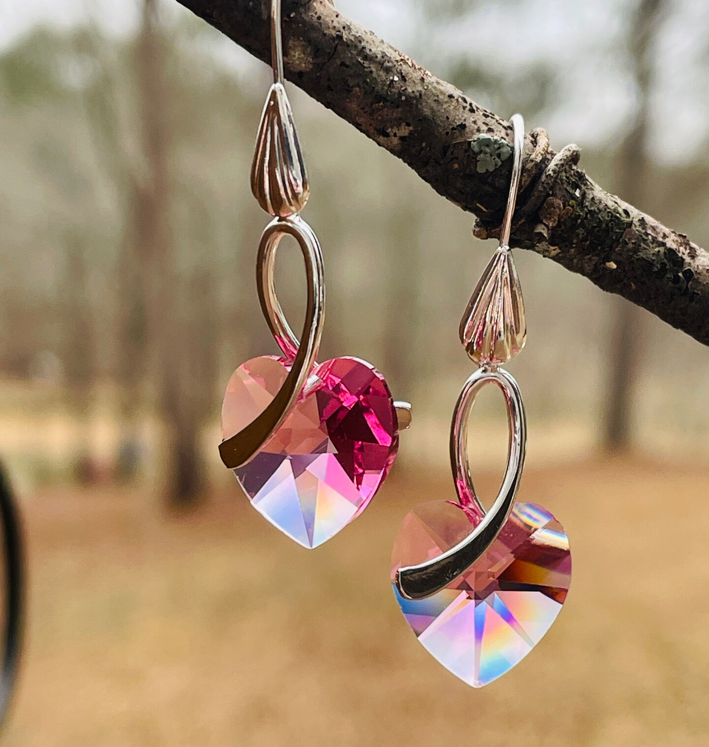 Crystal Heart Dangle Earrings, Heart jewelry, Ruby Red Heart Earrings,  Sparkly Earrings