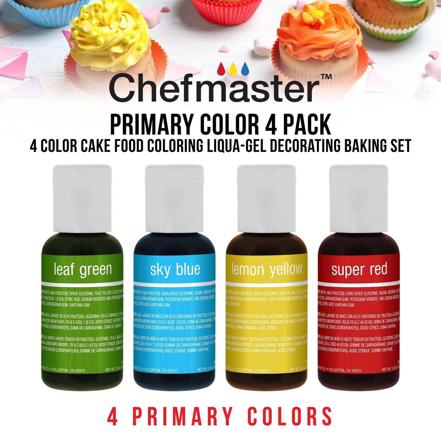 Chefmaster Liqua-Gel Cake Color Set - 4 Primary Colors in 0.7 fl. oz. (20ml) Bottles