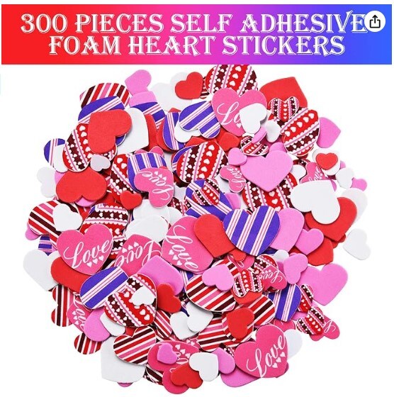 20 colorful foam hearts and 300 self-adhesive heart foam stickers for Valentine&#x27;s Day DIY craft supplies.