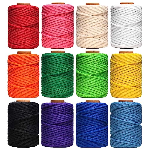 HULISEN Macrame Cord, 3mm x 396 Yards Natural Cotton Twine, 12 Rolls 4 Strand Colored Macrame String, Colorful Cotton Rope for DIY Crafts Knitting, Artworks, Wall Hanging, Plant Hangers