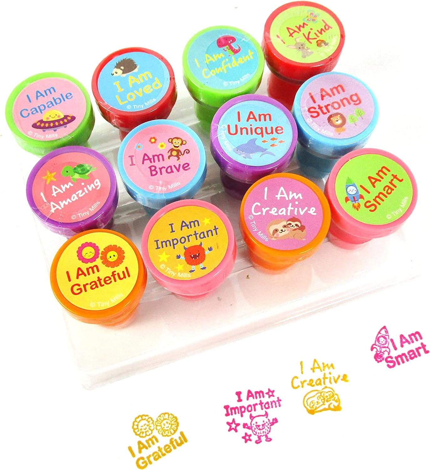 TINYMILLS 12 Pcs Positive Affirmation Stamp Kit for Kids - Positive Mindfulness Self Inking Stamps