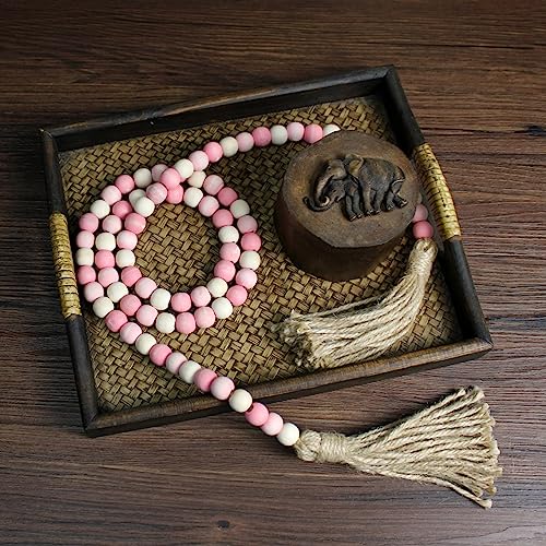 Wood Beads Garland with Tassels Farmhouse Rustic Wooden Prayer Bead String Wall Hanging Accent for Home Festival Decor. Pink Mix Distressed