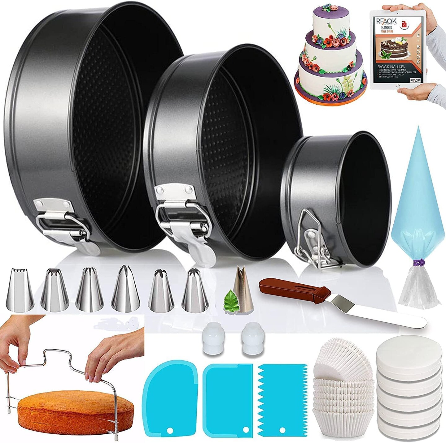 100 Pieces Cake Pan Sets for Baking + Cake Decorating Kit: 3 Non-Stick Springform Pans Set (4, 7, 9 inches), Piping Tips, Cake Leveler – Multi-functional Leak-Proof CheeseCake Pan & eBook