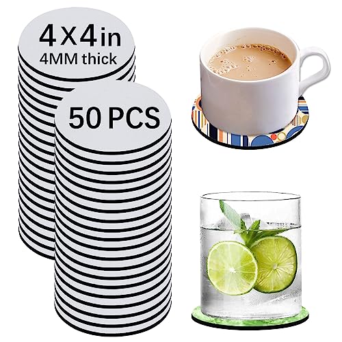 50 Pieces Sublimation Blank Cup Coasters Bulk, 4x4 Inch Round Blank Cup Mat Rubber for Sublimation Transfer Heat Press Printing DIY Crafts