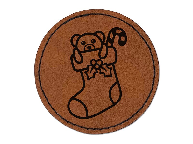 Christmas Stocking with Presents Round Iron-On Engraved Faux Leather Patch Applique - 2.5&#x22;
