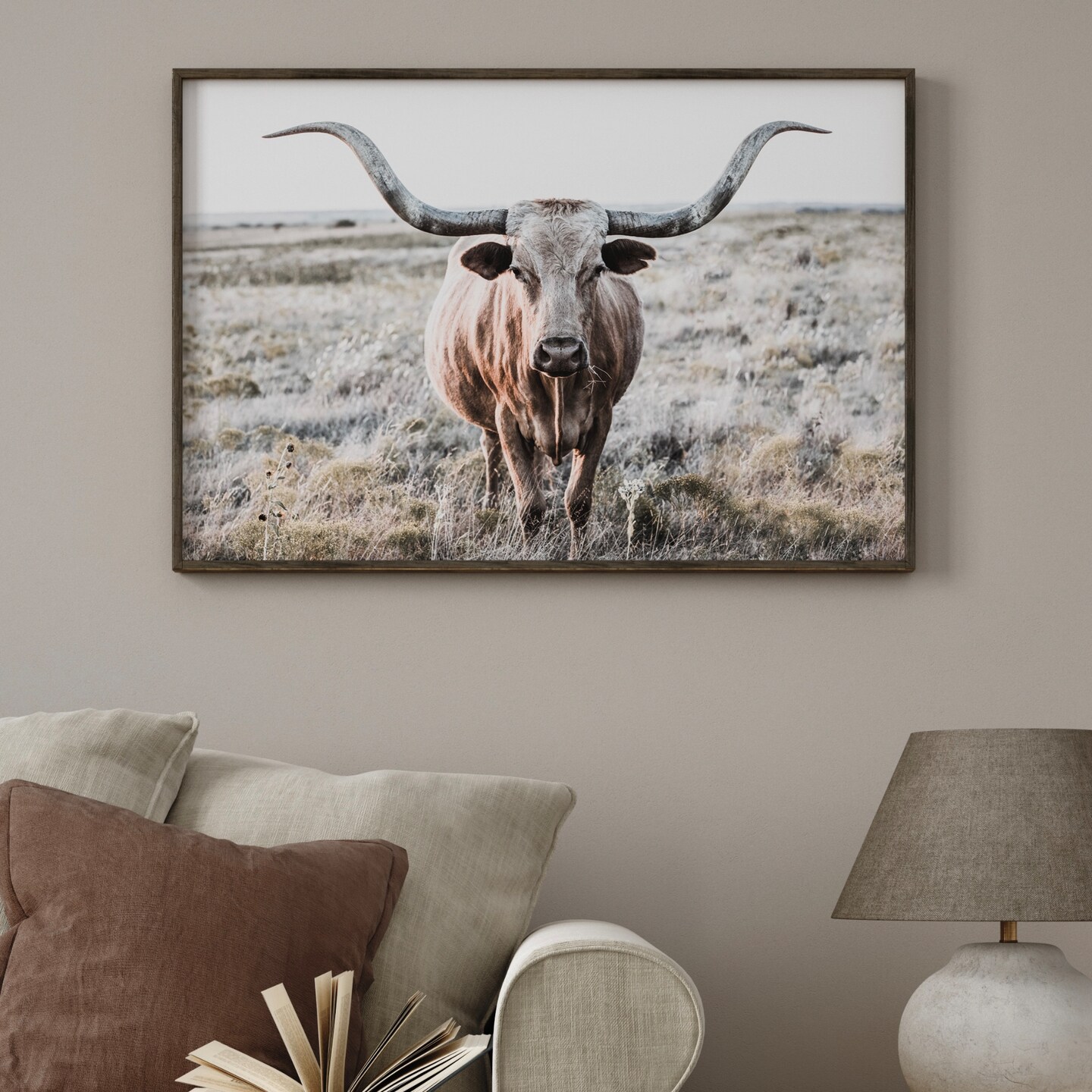 Farmhouse Longhorn wall art, Texas longhorn canvas, large wall art, cow ...