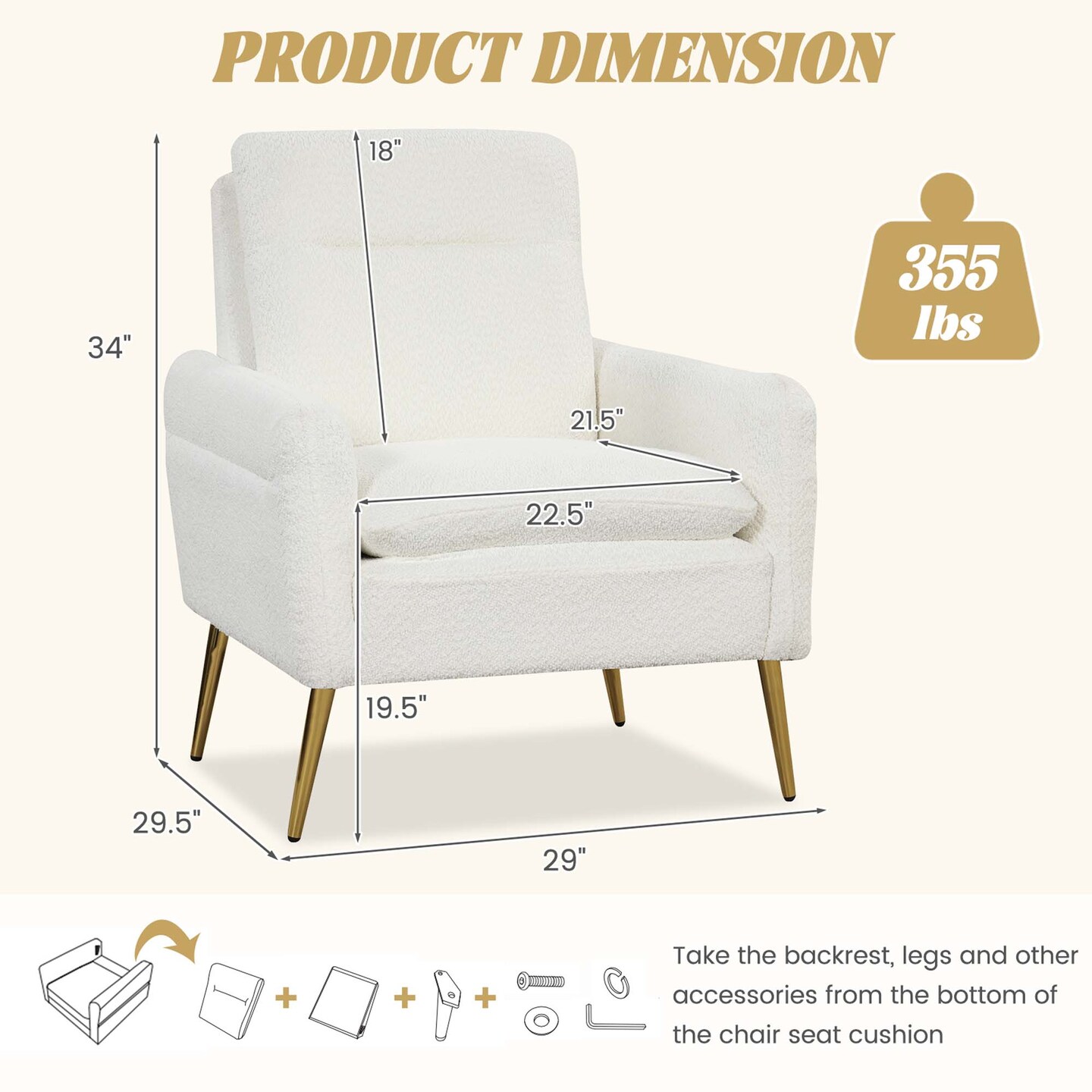 Costway Modern Accent Chair Upholstered  Armchair w/ Tapered Metal Legs White