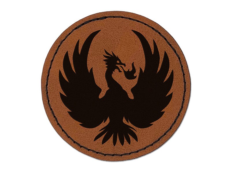 Fire Phoenix Bird Rising Round Iron-On Engraved Faux Leather Patch Applique - 2.5&#x22;