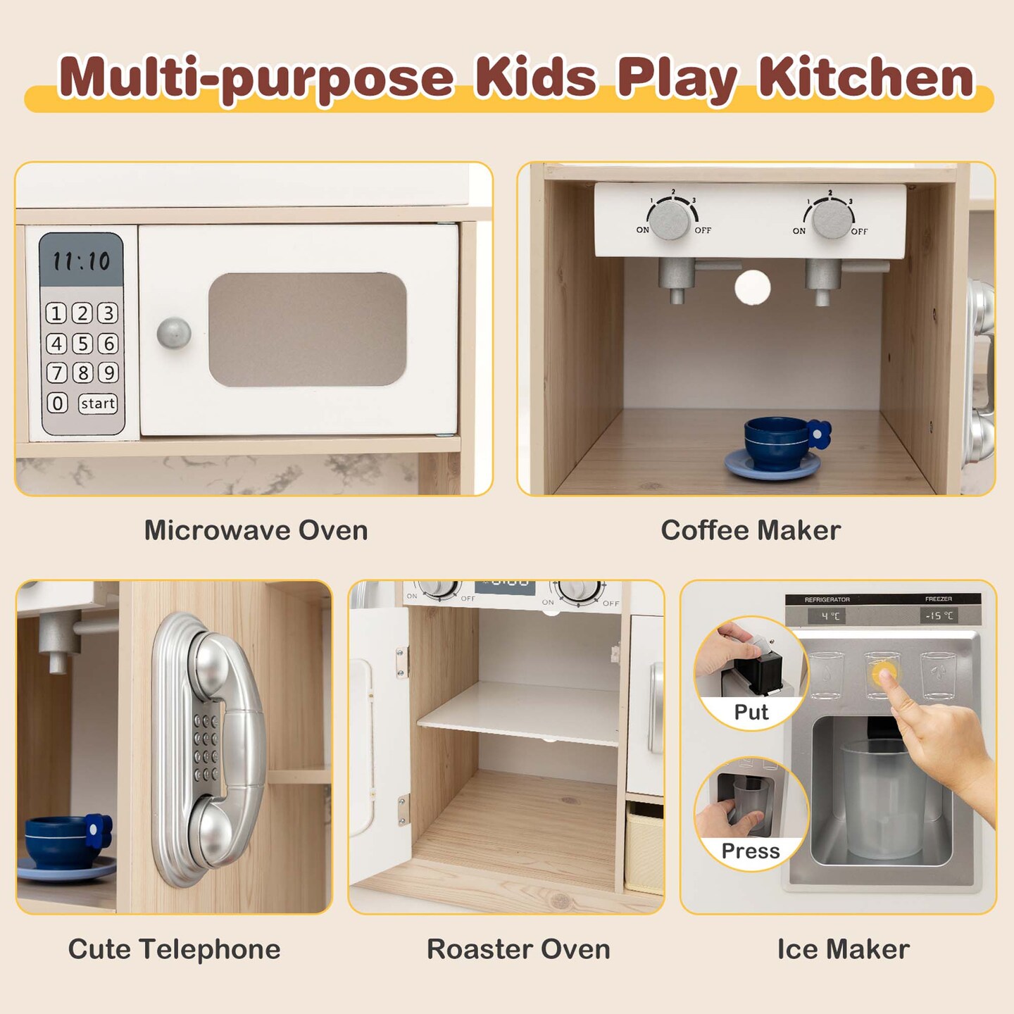 Costway Kids Pretend Play Kitchen Wooden Toy Playset with LED Lighting &#x26; Coffee Maker