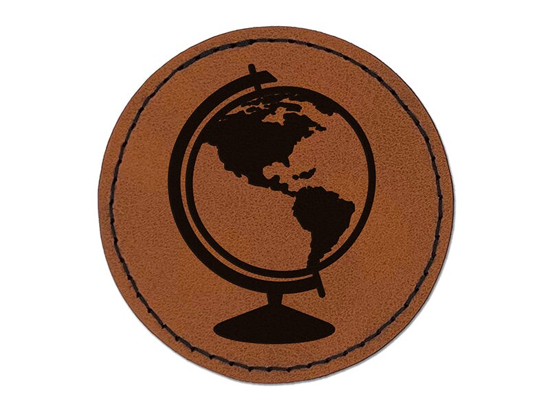 Explorer World Globe of Planet Earth Round Iron-On Engraved Faux Leather Patch Applique - 2.5&#x22;