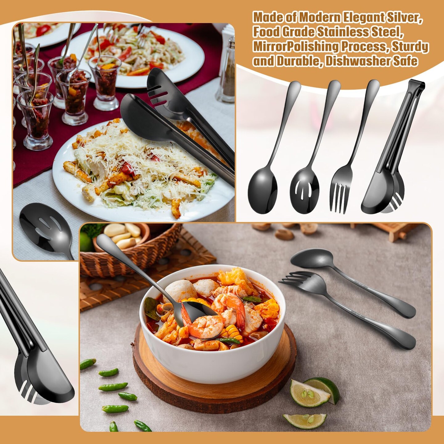 15 Pieces Stainless Steel Serving Utensils Large Serving Spoon Set 9.45 Inch Metal Tongs 9 Inch Serving Forks 8.7 Inch Slotted Spoons and Serving Spoon Kitchen Wedding Party (Black)