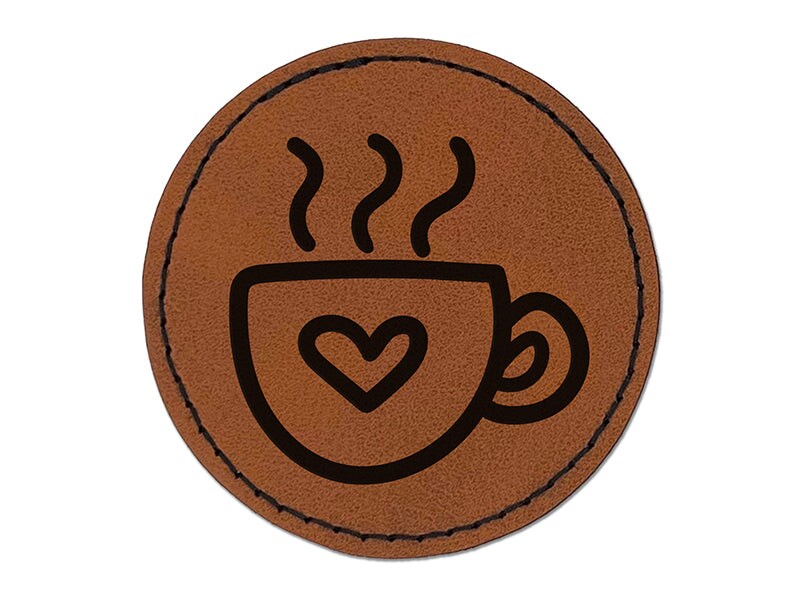 Steaming Hot Coffee Mug Cup with Heart Round Iron-On Engraved Faux Leather Patch Applique - 2.5"