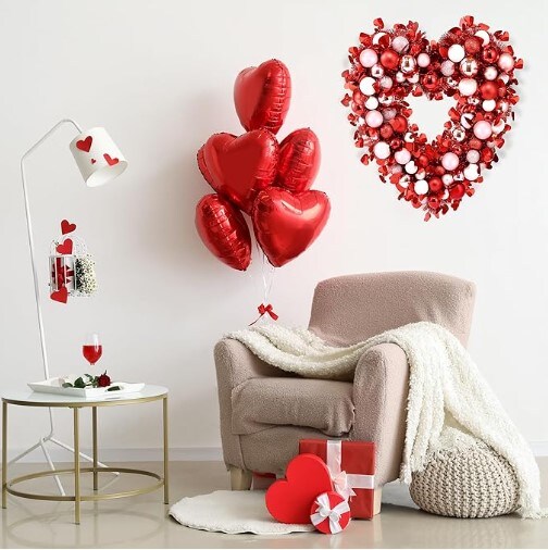 Valentines Day Red Pink White Heart Wreath with Tinsel Red Balls Decorations for Front Door Wedding Party Anniversary Wall Decor Gift Girlfriend Mother&#x27;s Day 17.7&#x27;&#x27; Heart Shaped Wreath