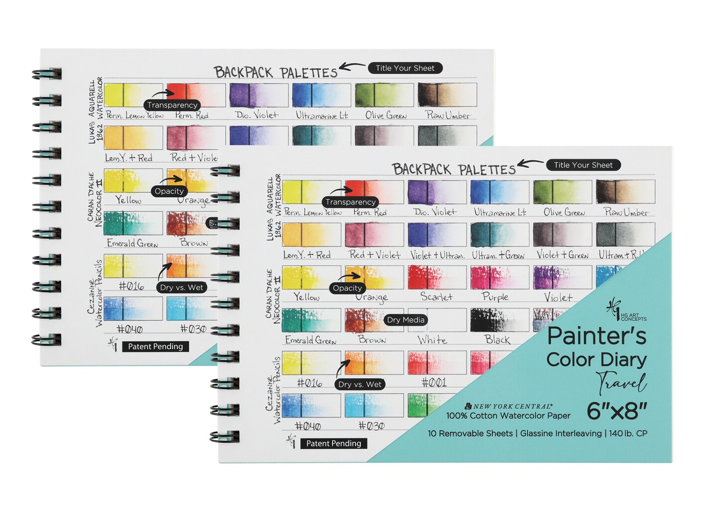 HG Art Concepts Travel Size Painters Color Diary - 6x8&#x22; Spiral-Bound Acid-Free Color Swatch Book with 10 Pages for Traveling Artists - Single