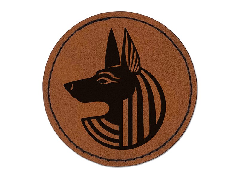 Anubis Head Egyptian God of Death Round Iron-On Engraved Faux Leather Patch Applique - 2.5&#x22;