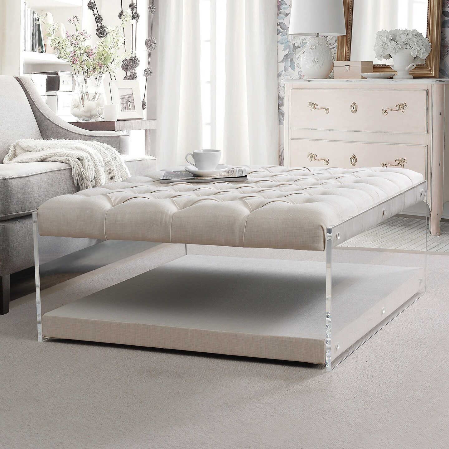 Fleur Linen/Velvet Button Tufted Clear Acrylic Side Cocktail Table Ottoman
