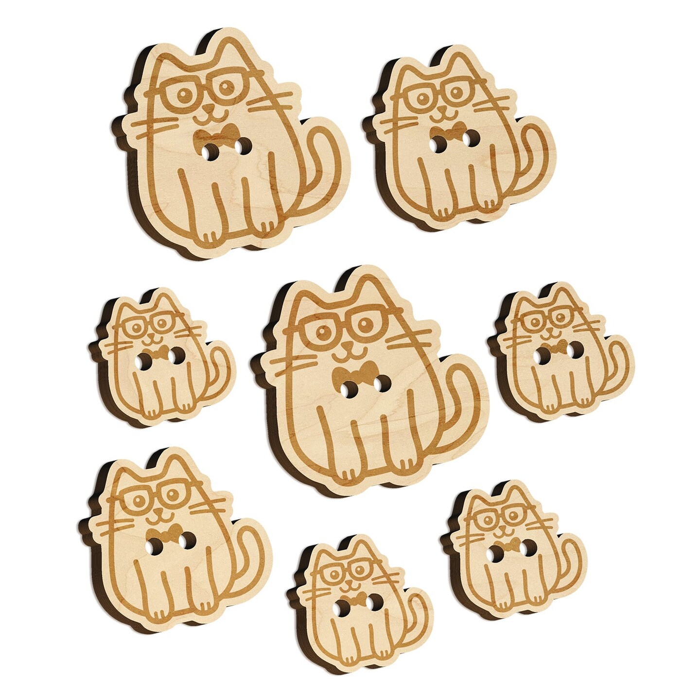 Cat Smart with Glasses and Bowtie Wood Buttons for Sewing Knitting Crochet DIY Craft