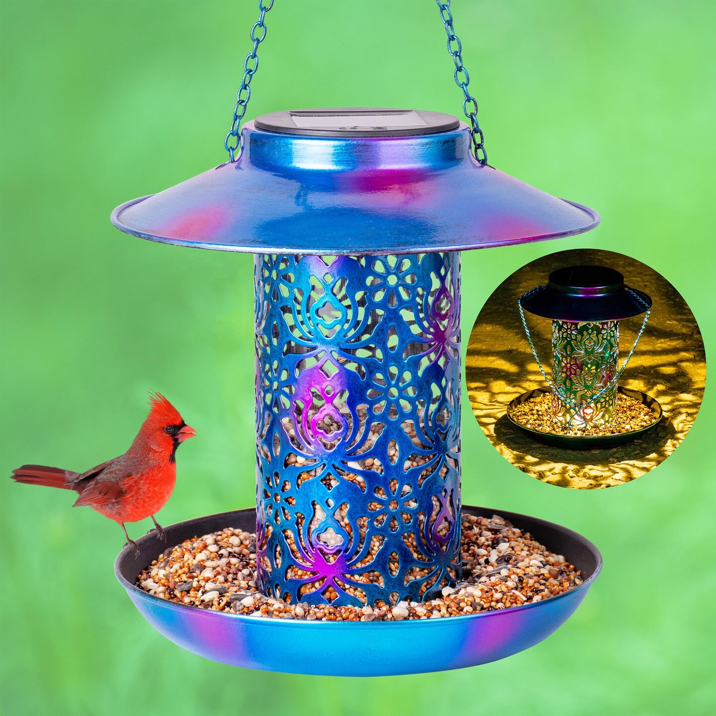 Solar Bird Feeder for Outdoors Hanging, Metal Wild Cardinals Garden Lantern with S Hook, Weatherproof and Water Resistant Birdfeeders as Gift Idea for Bird Lovers (Blue)