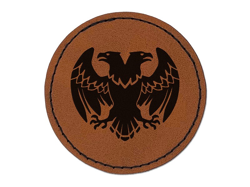 Double Headed Eagle Heraldry Round Iron-On Engraved Faux Leather Patch Applique - 2.5"