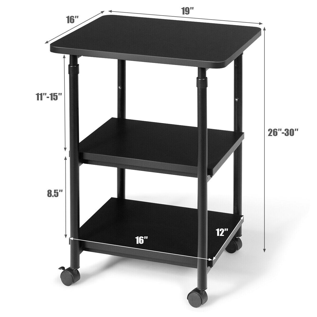 3-tier Adjustable Printer Stand with 360&#xB0; Swivel Casters