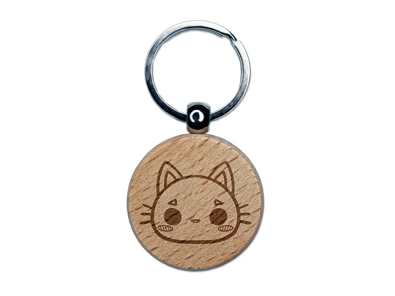 Charming Kawaii Chibi Cat Kitten Face Blushing Cheeks Engraved Wood Round Keychain Tag Charm