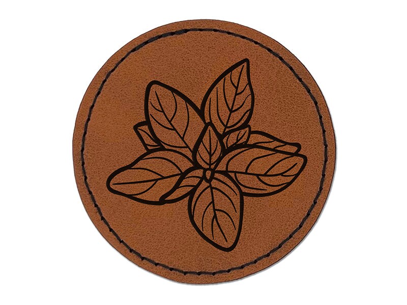 Basil Herb Plant Round Iron-On Engraved Faux Leather Patch Applique - 2.5"