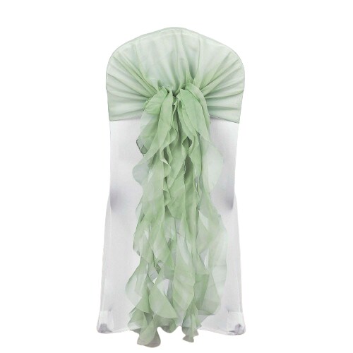 Sage Green Premium Curly Chiffon Chair Covers and Sashes for Wedding