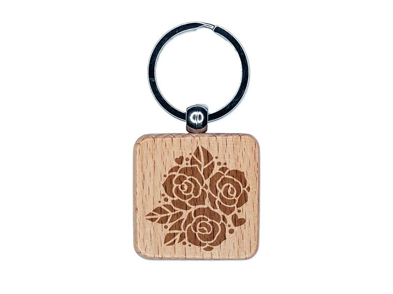 Rose Bundle Wedding Bouquet Engraved Wood Square Keychain Tag Charm