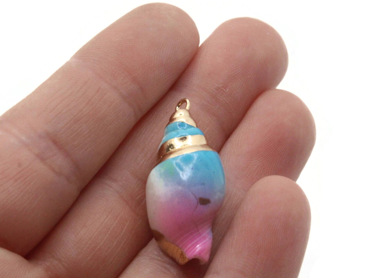 Blue Pink and Gold Spiral Seashell Large Pendant Beach Charm