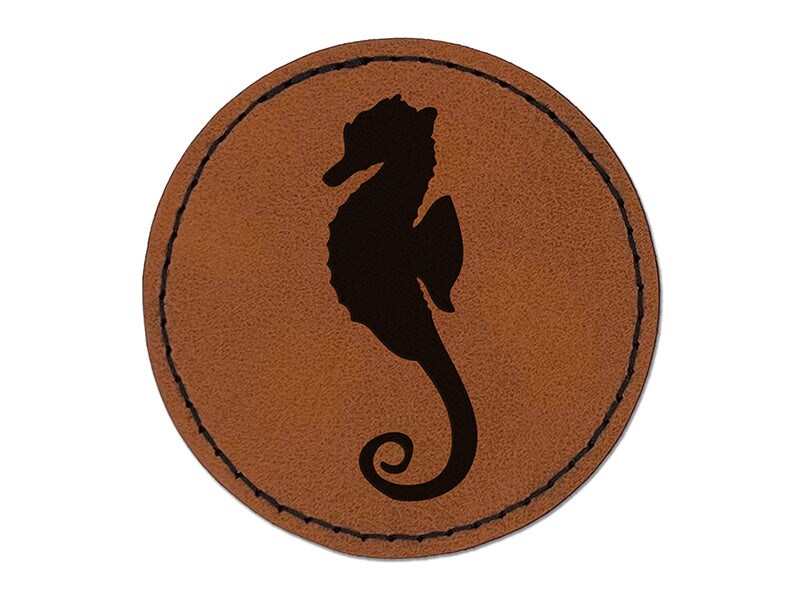 Seahorse Solid Round Iron-On Engraved Faux Leather Patch Applique - 2.5&#x22;
