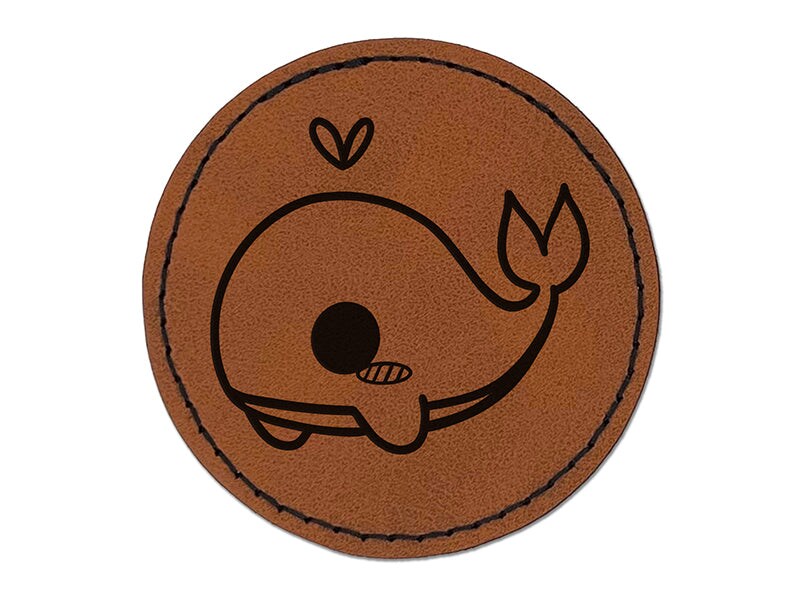 Sweet Kawaii Chibi Whale Round Iron-On Engraved Faux Leather Patch Applique - 2.5&#x22;