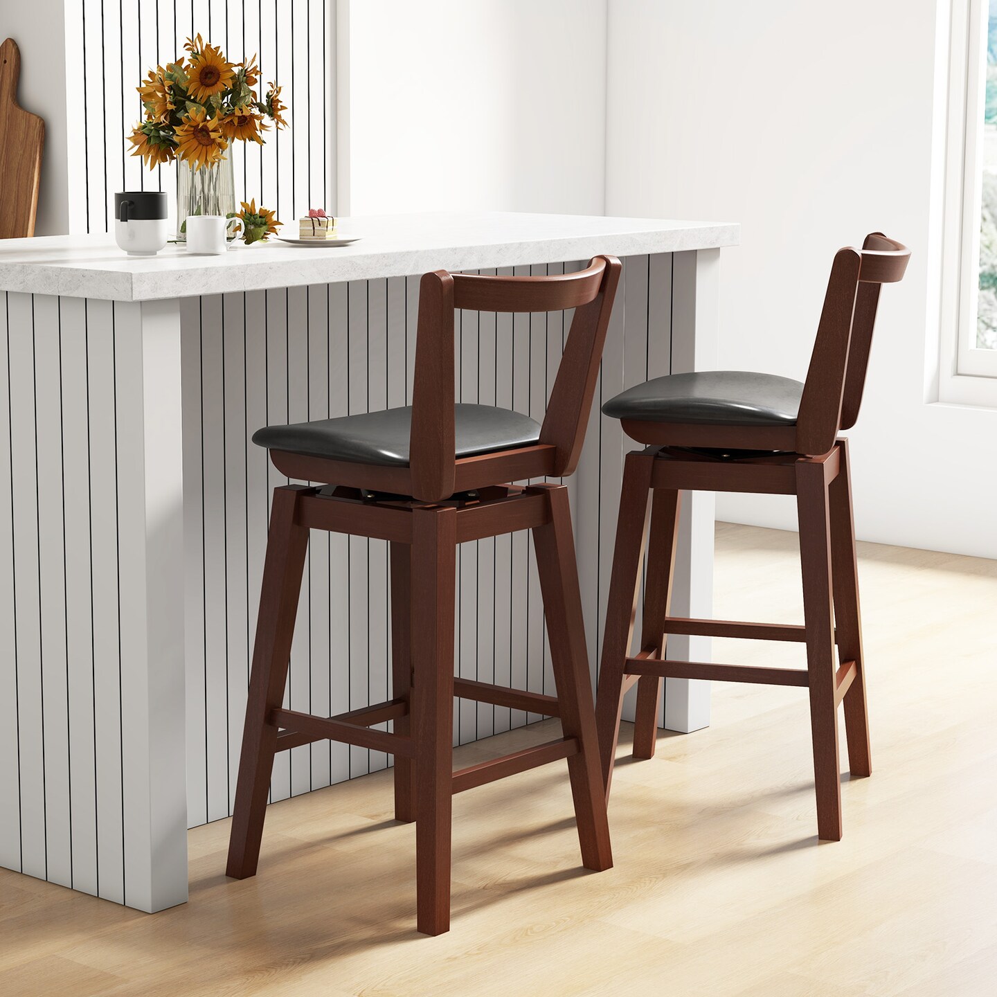 Costway Swivel Counter Height Bar Stool 26&#x27;&#x27; Upholstered PU Leather Hollow Backrest