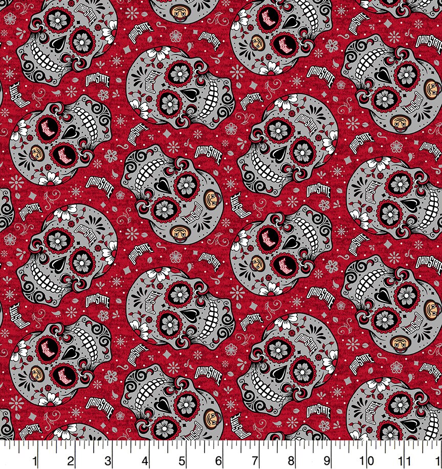 Sykel Enterprises-Ohio State University Cotton Fabric-Ohio State Buckeyes Sugar Skull Cotton Quilting Fabric
