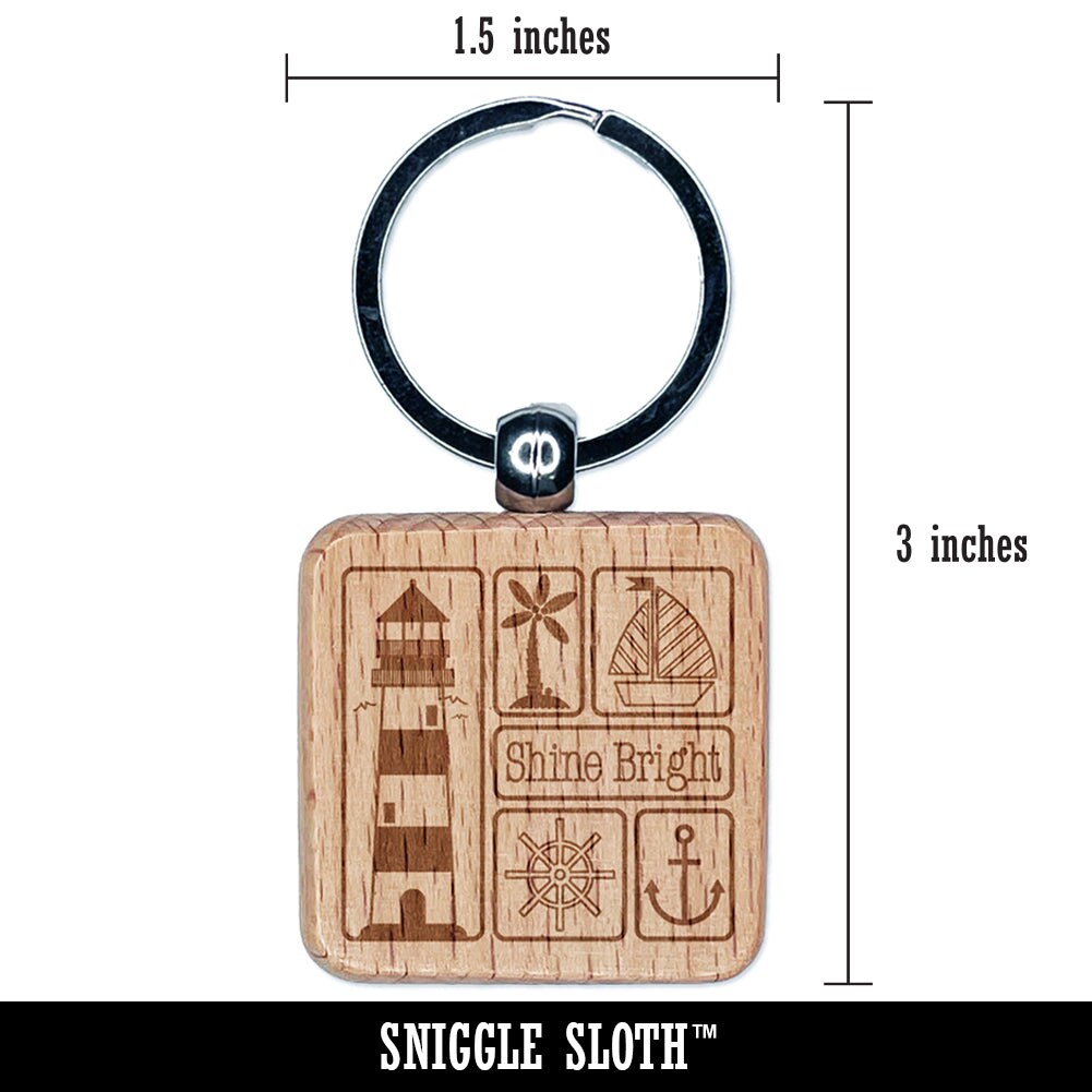 Shine Bright Lighthouse and Nautical Elements Engraved Wood Square Keychain Tag Charm