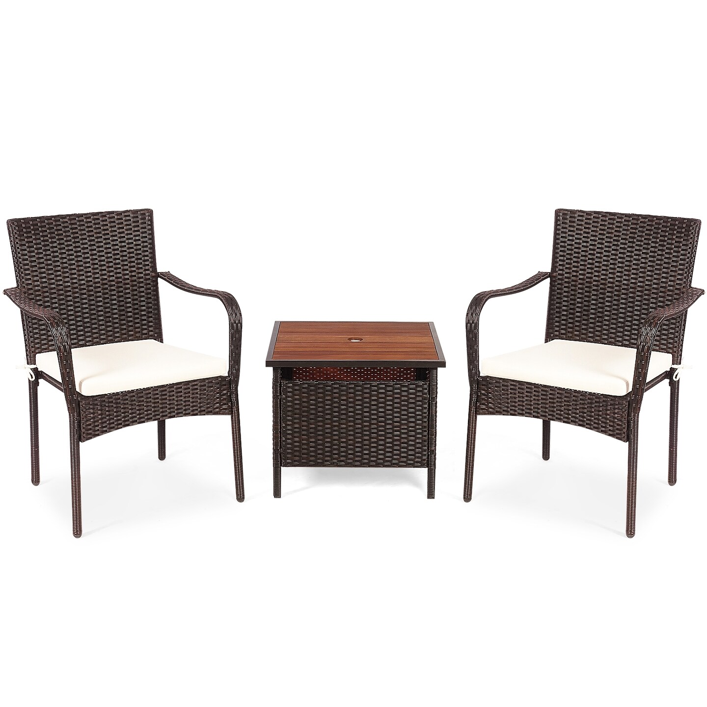 3 Pieces Patio Rattan Furniture Bistro Set with Wood Side Table and Stackable Chair