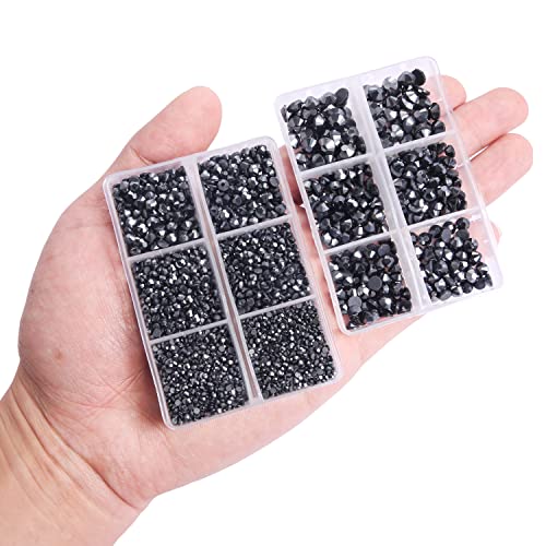 6616 Pieces Hotfix Rhinestones 5 Mixed Sizes FlatBack Crystal Rhinestones for Crafts Round Glass Gems with Tweezers and Picking Rhinestones Pen(Hematite Black)