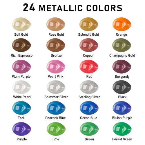 ABEIER Metallic Acrylic Paint, Set of 24 Metallic Colors in 2oz/60ml Bottle, Rich Pigments, Non Fading, Non Toxic Paints for Artist, Beginners & Kids Painting on Rocks Crafts Canvas Wood, Fabric&Stone