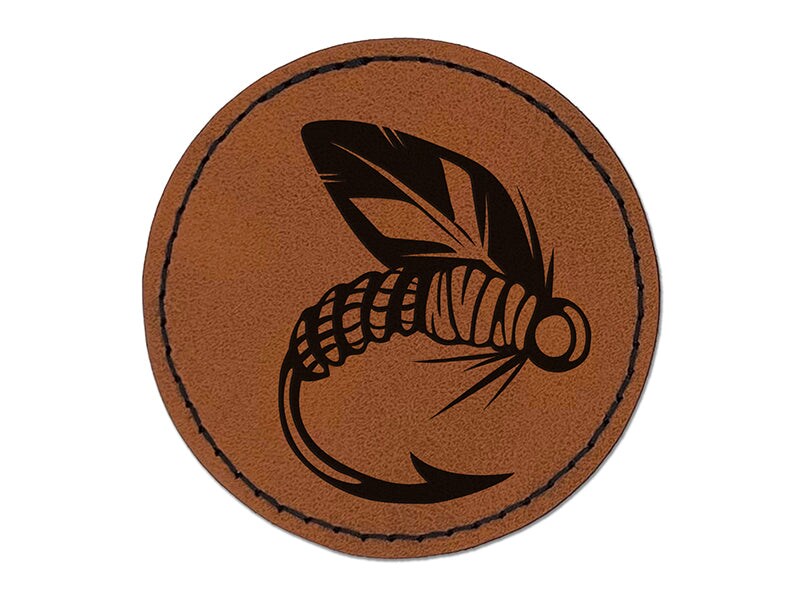 Fly Fishing Hook Lure Round Iron-On Engraved Faux Leather Patch