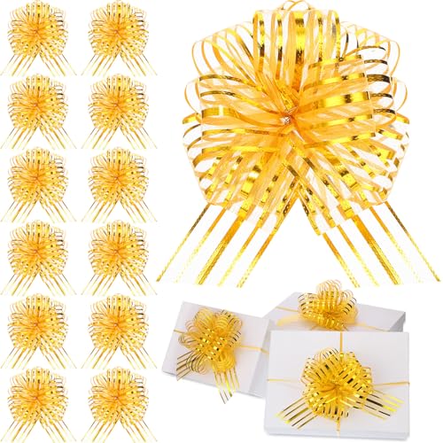 12 Pieces Pull Bow Large Organza Gift Wrapping Pull Bows with Ribbon for Christmas Presents Wedding Gift Wrapping Baskets (Gold,6 inch)