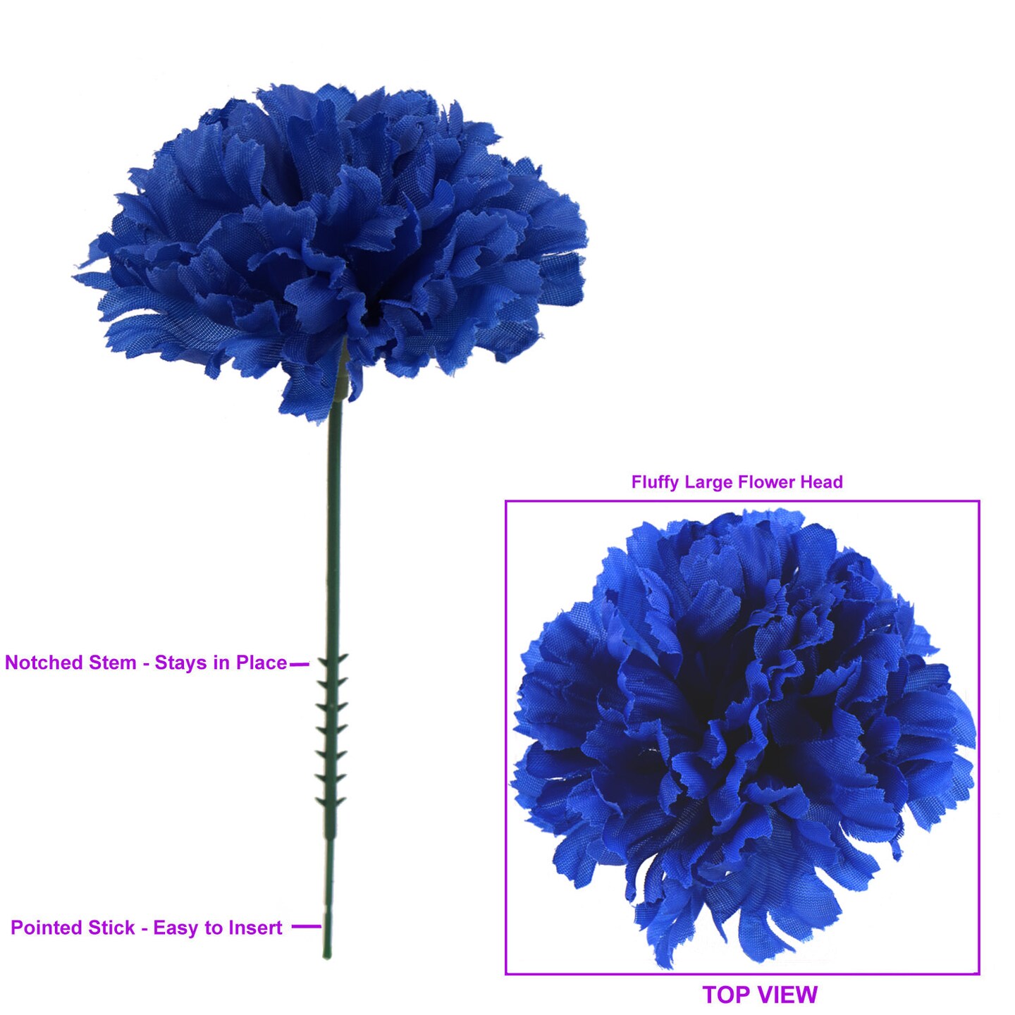 100-Pack: Royal Blue Carnation Picks, 5&#x22; Stems, 3.5&#x22; Wide by Floral Home&#xAE;