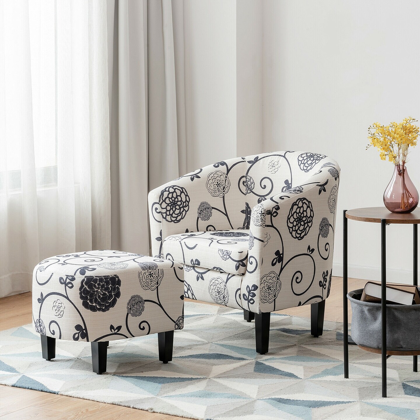 Modern Accent Tub Chair and Ottoman Set with Fabric Upholstered-Grey