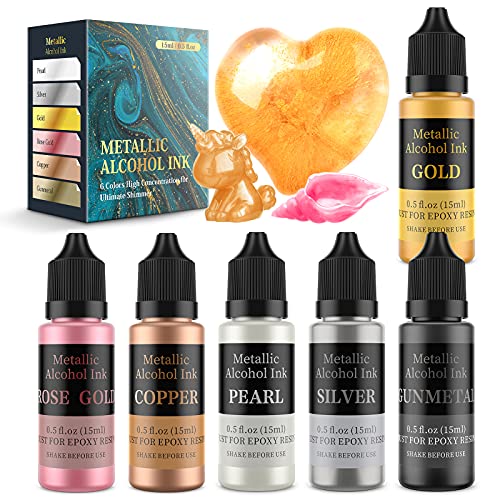 Wayin Metallic Alcohol Ink Set - 6 Color Metallic Alcohol Pigment Resin Dye, Concentrated Extreme Shimmer Alcohol-Based Inks for Epoxy Resin Yupo Tumbler Cups Acrylic Pouring Paint (15ml/.5 fl oz)