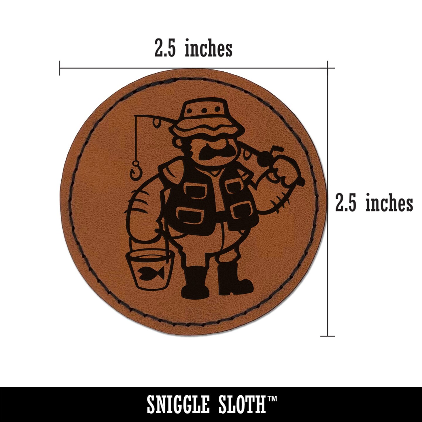 Fisherman Dad with Fishing Rod Round Iron-On Engraved Faux Leather