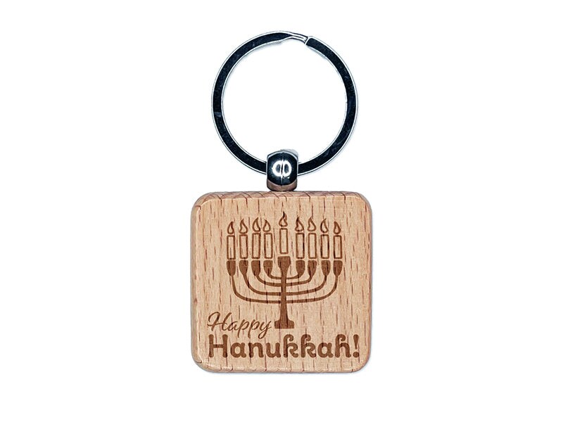 Happy Hanukkah with Menorah Engraved Wood Square Keychain Tag Charm