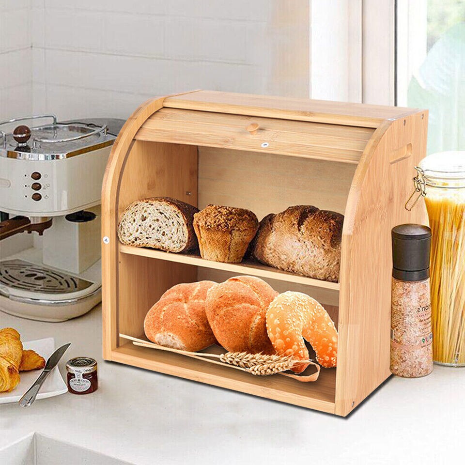 Kitcheniva Bamboo Wood Bread Box With Lid Kitchen Storage Containers 2-Layer