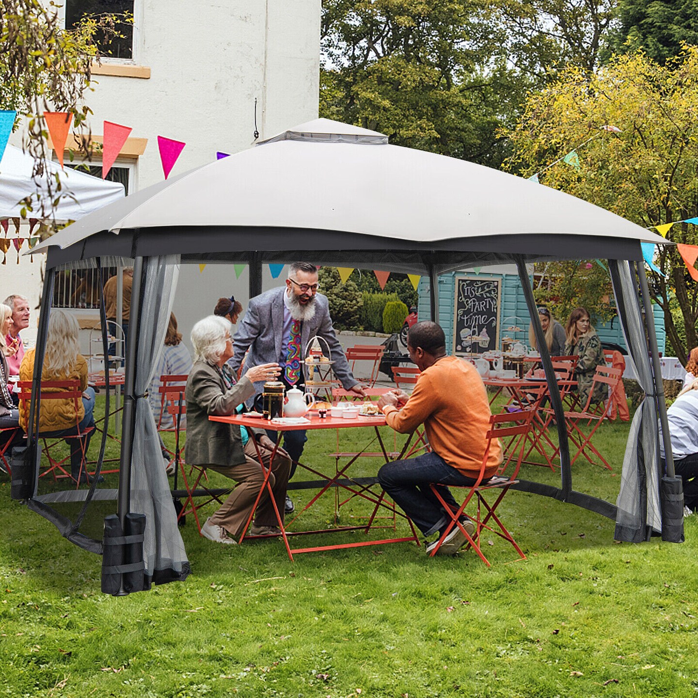 Grey 10x12 ft Patio Gazebo Outdoor Canopy with Mesh Netting Vented Roof