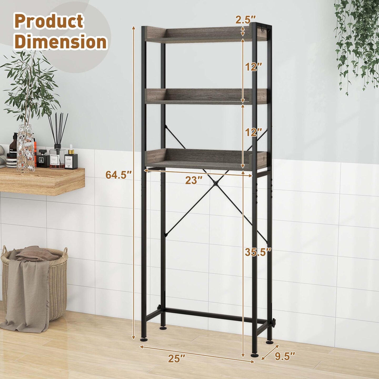 Costway 3-Tier Over-The-Toilet Bathroom Shelf Metal Frame Space Saver Rack with 4 Hooks