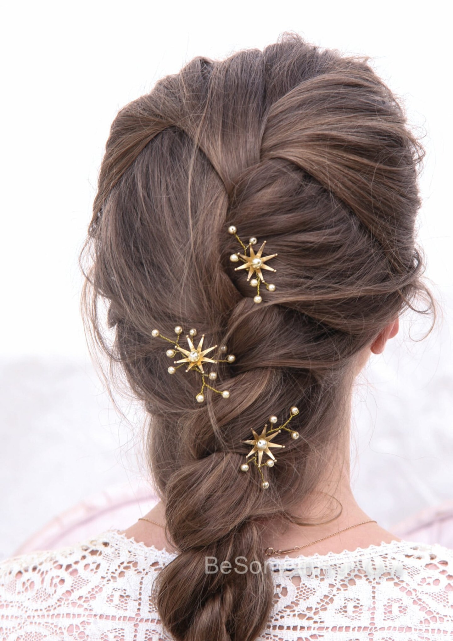 Star Flower and Champagne Pearl Bridal Hair Pin Set, Wedding