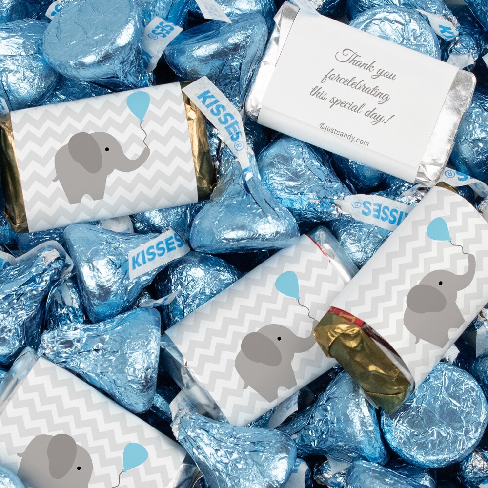 131 Pcs Boy Baby Shower Candy Party Favors Elephant Hershey&#x27;s Miniatures &#x26; Blue Kisses (1.65 lbs, Approx. 131 Pcs)